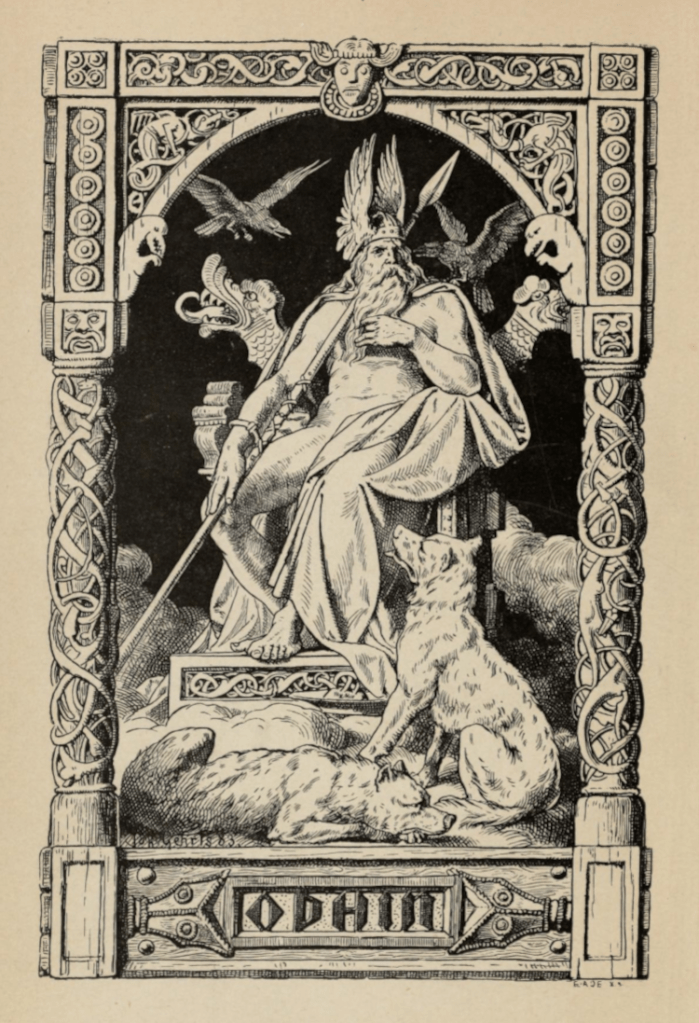 Geherts' printed engraving of Odin seated on a carved throne.