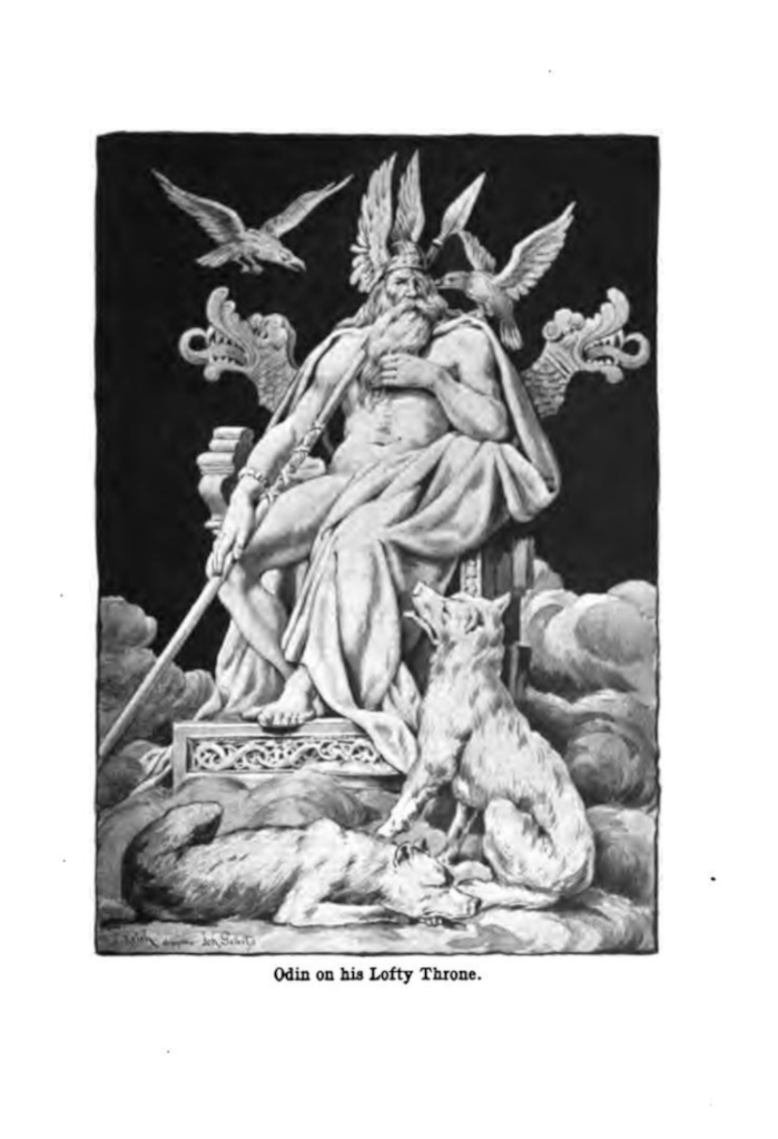 Unattributed copy of Reich's ink illustration of Odin seated on a carved throne.