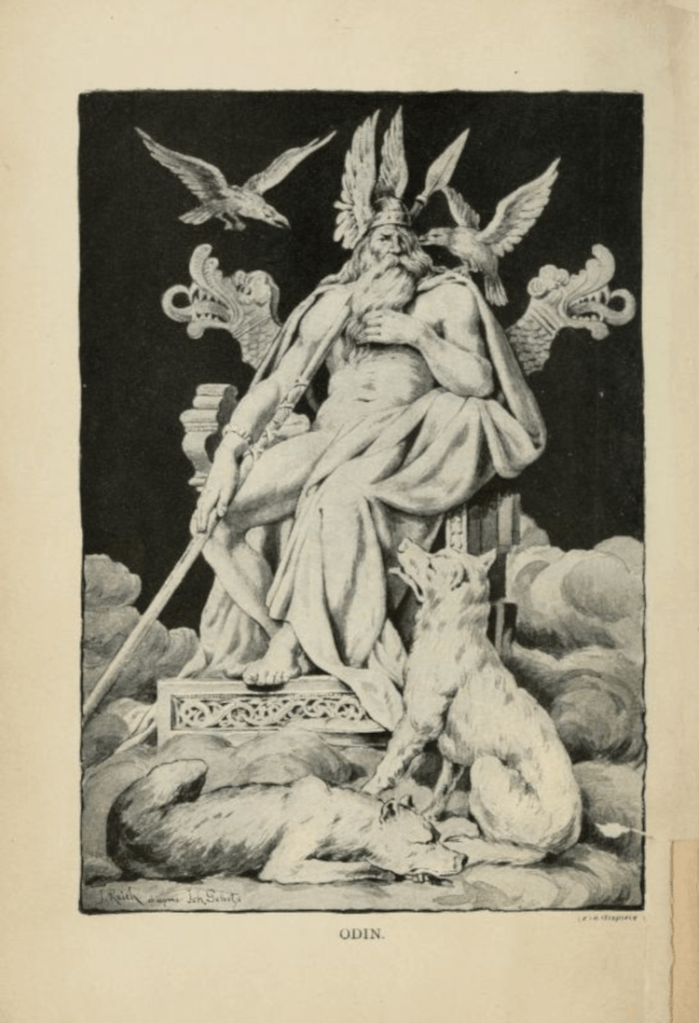 Reich's ink illustration of Odin seated on a carved throne.