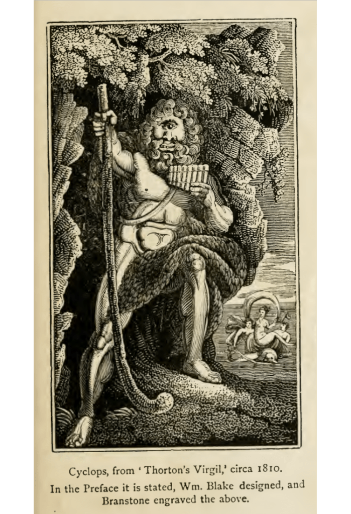 Printed engraving of Polyphemus and Galatea, with caption.