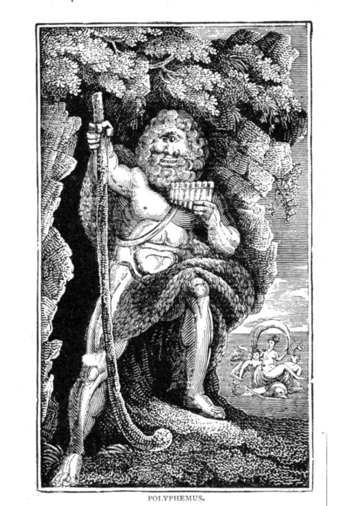 Printed engraving of Polyphemus and Galatea, with caption.