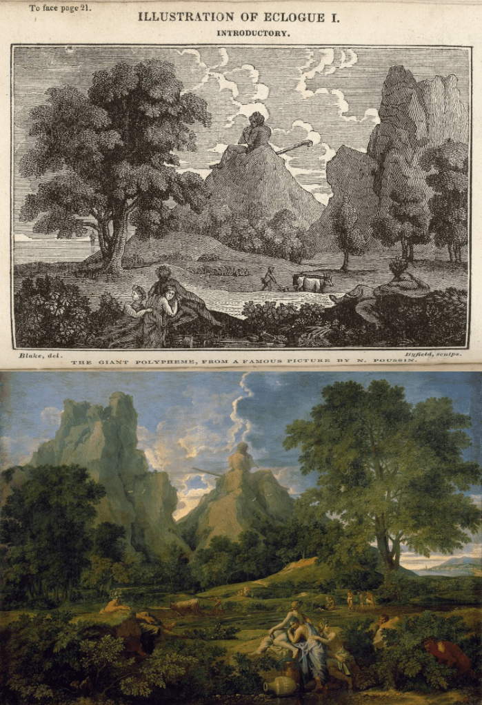 Two images, the first image a printed engraving, the second image a painting by Poussin.
