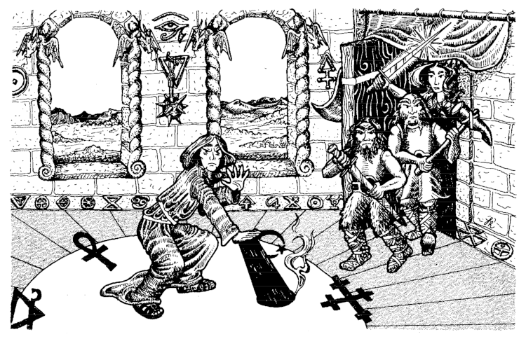 Illustration of encounter 28, Catharandamus' room, from Orange-covered module