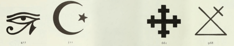 Symbols for Eye of Horus, Islamic Star and Crescent, Crosslet, and a Stonemason's glyph